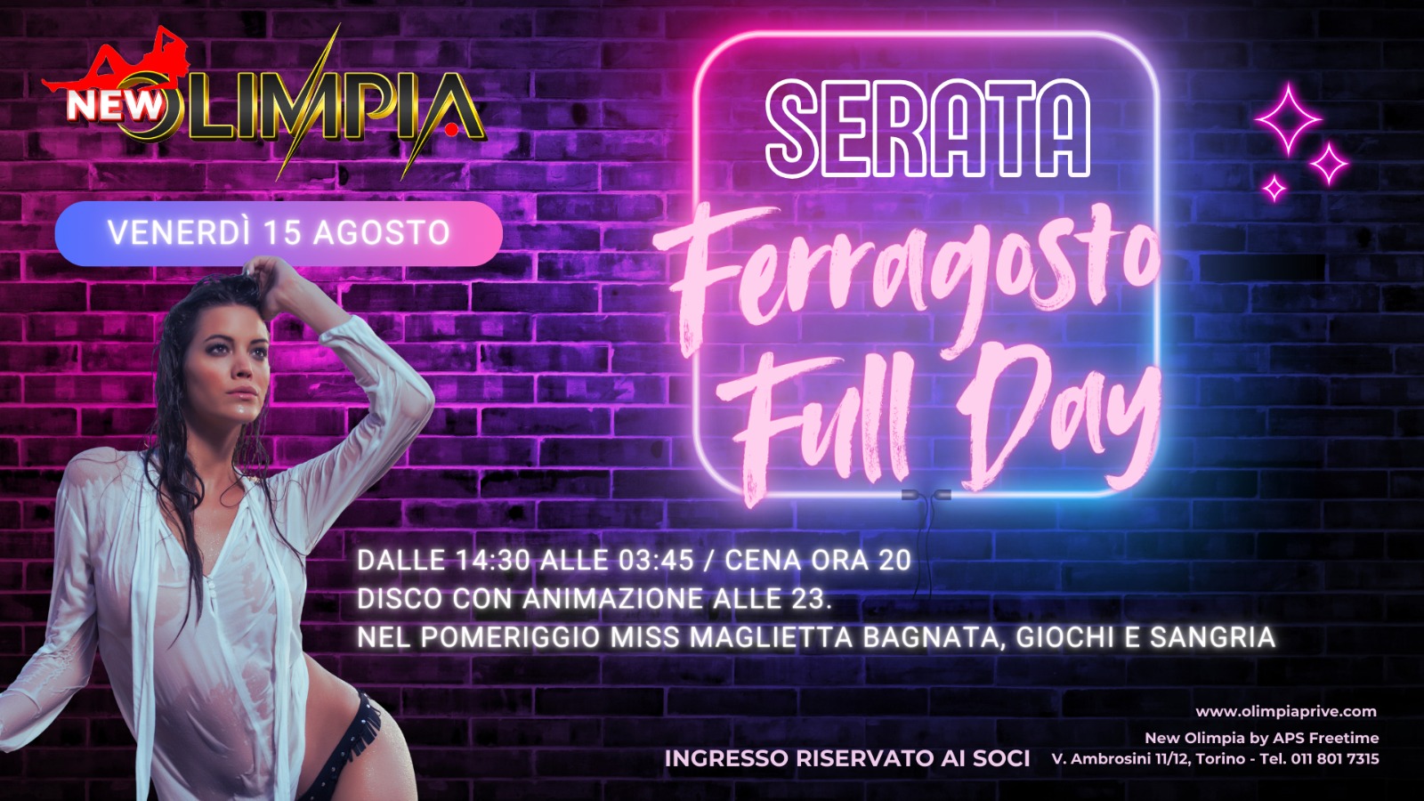 Ferragosto Full Day. Dalle 14,30 fino alle 3,45 giochi animazione discoteca e miss maglietta bagnata.